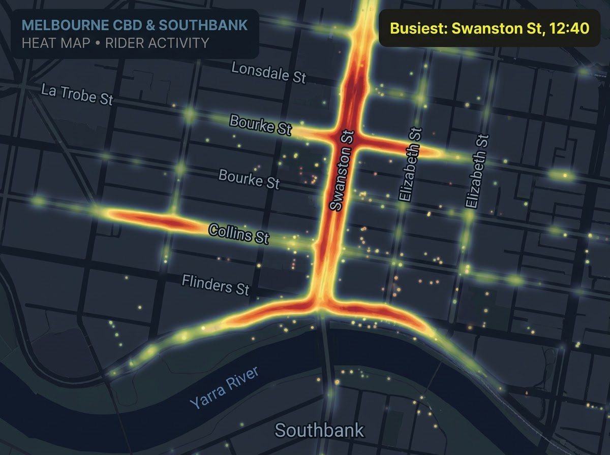 Heat map of rider hours across Melbourne CBD and Southbank