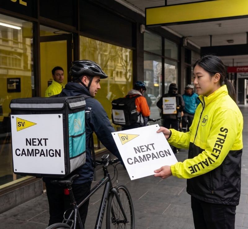 A StreetValue rider collecting the next campaign panel at the hub