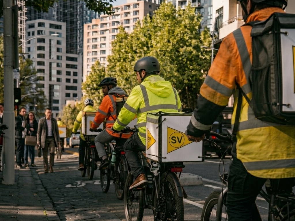 Delivery riders in a Melbourne bike lane at peak hour, StreetValue panels on their bags