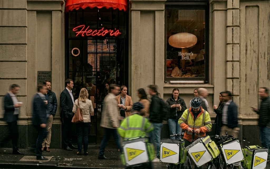 Delivery riders waiting outside a busy Melbourne cafe, one bag carrying a StreetValue panel